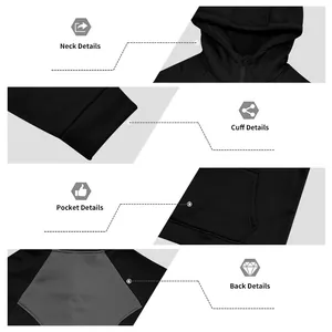Close-up detail views of black hooded zip-up sweatshirt features