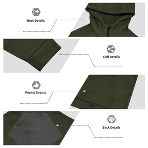 Detailed view of men's hooded zip-up sweatshirt neck, cuff, pocket, and back features