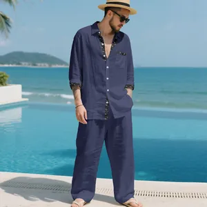 Men's navy linen two-piece leisure set with long sleeve shirt and matching pants