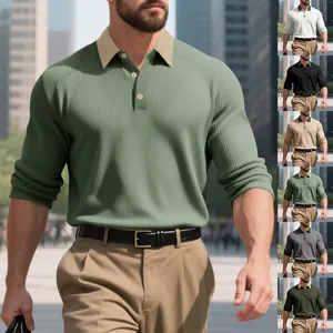 Polo à Manches Longues pour Hommes Côte Française Épaisse Revers Contrasté Décontracté Américain Golf Haut en Polyester Tricoté