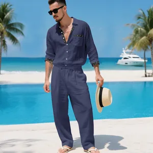 Stylish navy blue linen resort set for men featuring patterned trim details on the shirt.