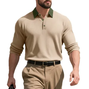 Polo à manches longues pour hommes en côte française avec col contrasté vert foncé
