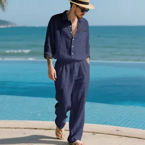 Men's navy blue linen two-piece set with long sleeve shirt and casual drawstring pants
