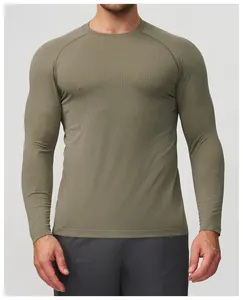 Close-up of men's olive green seamless quick-dry sports long sleeve t-shirt texture