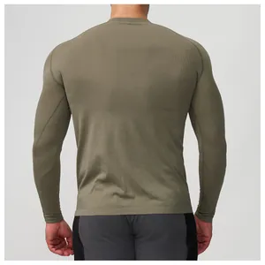 Back view of a men's olive green seamless long-sleeve athletic shirt showing fabric texture