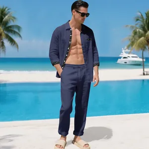 Casual navy blue linen two-piece set for men with patterned trim and drawstring pants