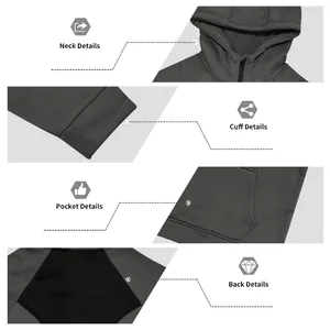 Close-up detail views of men's hooded zip-up sweatshirt featuring contrast color panels