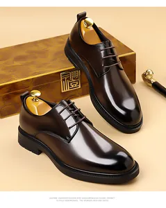 Classic men's dark brown leather Derby shoes with polished finish in luxury setting