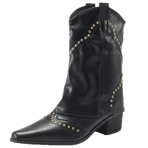 Retro pointed toe black cowboy boots for women with gold rivet studs and western style