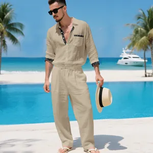 Lifestyle detail of mens linen set featuring long sleeve shirt and matching trousers