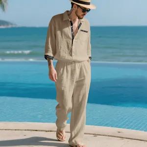 Men's khaki linen two-piece set featuring long sleeve shirt and drawstring pants