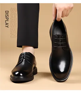 Detailed close-up of men's black formal leather Derby shoes with classic thin laces design