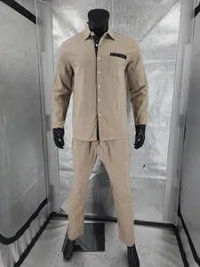 Two-piece men's casual linen set with long-sleeved shirt and trousers in khaki finish