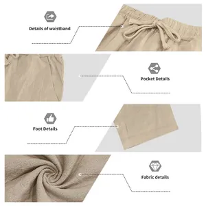 Close-up details of men's linen trousers showing waistband, pockets, and fabric texture