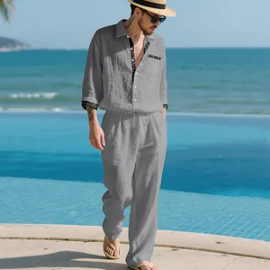 Full view of men's grey linen casual two-piece set including shirt and trousers