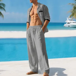 Detail view of men's gray linen set featuring a casual shirt and matching trousers