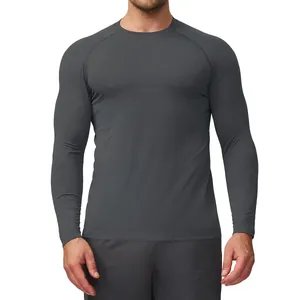 Men's grey seamless long-sleeve compression shirt for fitness, yoga, and running