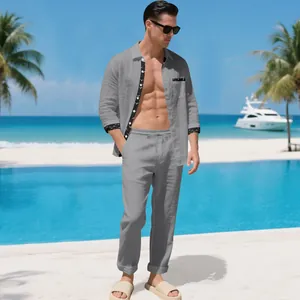 Stylish men's grey linen two-piece casual set featuring a long sleeve shirt and pants