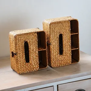 Caja de pañuelos de paja tejida con compartimentos organizadores para el control remoto