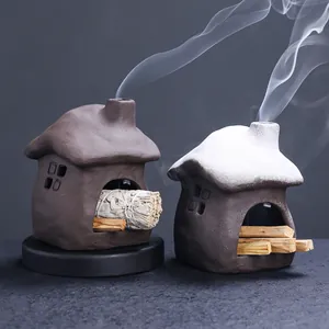 Ceramic Small House Fireplace Incense Burner For Palo Santo Sage Burning Stand Holder Nordic Snow Roof Winter Cabin Home Decor