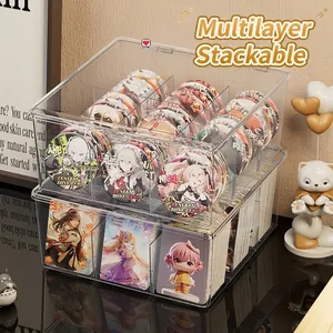 Stackable clear acrylic storage box for anime badges and collectible cards, dustproof