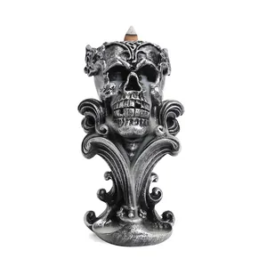 Gothic resin skull backflow incense burner with silver vintage metallic finish