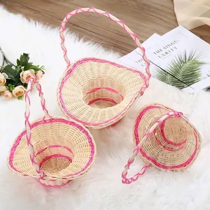 Handmade Natural Rattan Woven Flower Basket Handheld Picnic Basket With Pink Trim For Flower Arrangement Home Decor