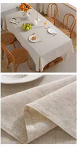 Detail of natural linen texture and lifestyle dining scene for cotton table cloth
