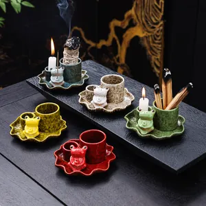Creative Ceramic Frog Lotus Leaf Incense Burner Palo Santo Sage Holder Tray Zen Home Decor reactive Glaze Incense Stick Stand