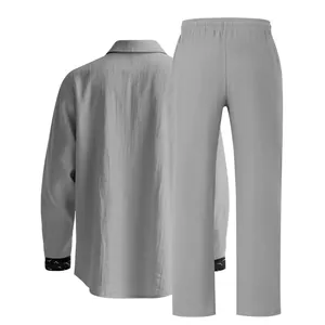 Back view of grey linen casual two-piece set with long-sleeved shirt and pants.