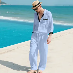 Men's light blue casual linen two-piece set with long sleeve shirt and long pants