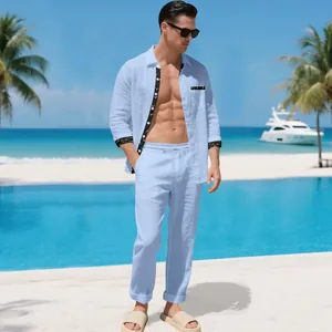 Detail view of the light blue linen shirt and pants set in a resort setting