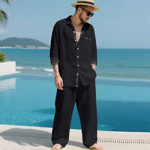 Men's casual black linen-style 2-piece set with long-sleeve shirt and loose long pants