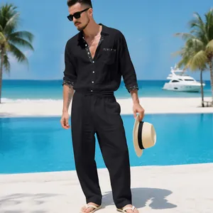 Premium men's black linen long sleeve shirt and trousers set in beach resort scene