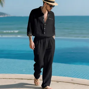 Detail showing a men's black linen casual two-piece set in elegant old money style.