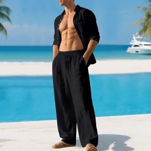 Men's casual 2-piece black linen set featuring a long sleeve shirt and matching pants