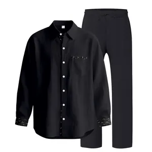 Men's casual linen two-piece set featuring black long sleeve shirt and matching trousers