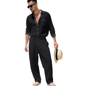 Men's casual black linen two-piece set with long sleeve shirt and trousers