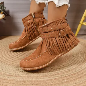 Dames Western Cowboy Franjelaarzen Klinknagels Imitatiesuède Herfst Winter Platte Laarzen Zijrits Retro Mode Dames Bootie