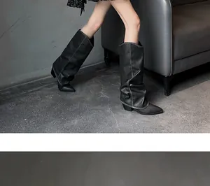Stylish black slouchy knee-high boots with pointed toe and sturdy block heel for women