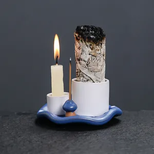 Ceramic mushroom incense burner and candle holder set for white sage smudging rituals