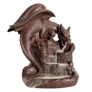 Quemador de incienso de reflujo en cerámica Zisha con un dragón sobre una fortaleza