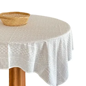 Elegant white French style embroidered lace round tablecloth for home dining decor