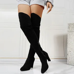 Damen Spitz zulaufend Overknee-Stiefel Blockabsatz Wildlederoptik Herbst Winter Mode Freizeit Lange Stiefel Reißverschluss Schuhe