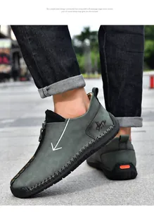 Men's dark green slip-on casual shoes with side zipper and contrast hand-stitching detail