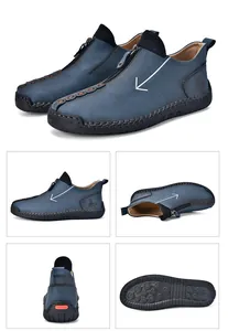 Detail views of blue men's leather boots with front zipper and handmade stitching