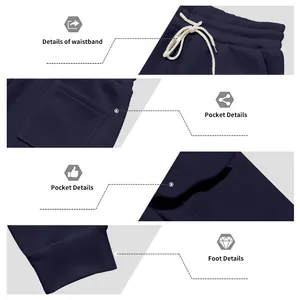 Gedetailleerde weergaven van de marineblauwe heren fleece cargo joggingbroek met tailleband