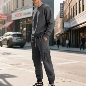 Heren zwaargewicht fleece sweatshirt en cargo joggingbroek set in donkergrijs streetstyle