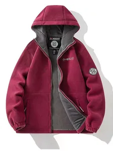 Front view of a maroon hooded fleece jacket featuring grey lining and Norwayan embroidery