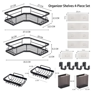 Modern black stainless steel bathroom corner storage rack 4-piece set with dimensions